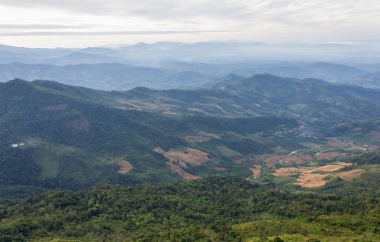 Landscape Phu Langka National Park View Point and Village Phayao Thailand Travel. Phu Langka national park view point with mountain sky fog cloud and village at bottom