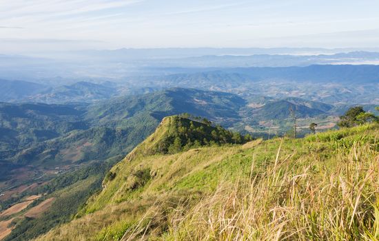 Phu Nom at Phu Langka National Park with Yellow Sun Light. Phu Nom mountain with grass field green tree and cloud. Northern Thailand travel