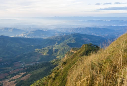 Phu Nom Landscape at Phu Langka National Park Phayao Thailand Travel. Phu Nom landscape wide angle with mountain cloud sky and village at Phayao Thailand. Northern 
Thailand travel