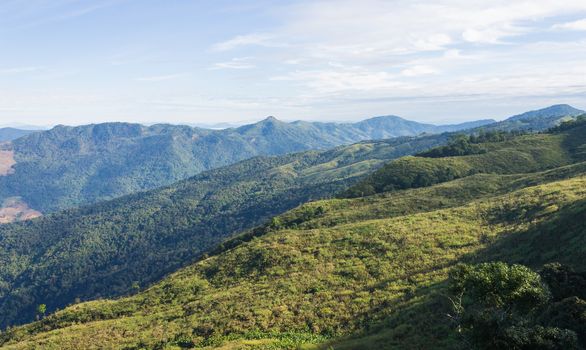 3 Green Tree Mountain with Warm Sun Light and Blue Sky Cloud at Phu Langka National Park Zoom. Green Tree Mountain or Hill at Lan Hin Lan Pee Phu Langka National Park Northern 
Phayao Thailand Travel