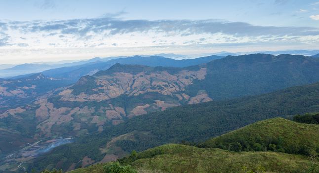 3 Tree Mountain at Phu Langka National Park View Point Phayao Thailand Travel. 3 mountain rim with cloud and sky at Phu Langka national park view point. Northern Thailand 
travel