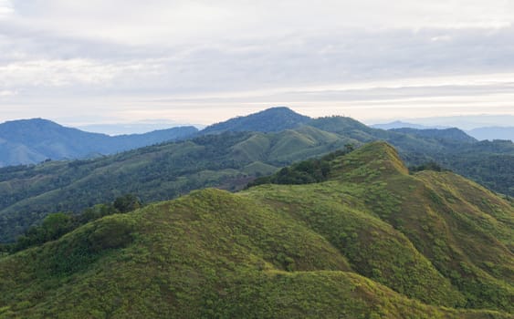 Landscape Phu Langka Mountain National Park at Phayao Thailand travel. Green tree mountain and cloud sky and warm sun light at Phu Langka national park view point Phayao 
Thailand. Northern Thailand travel