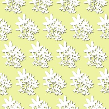 White plant, flowers silhouette on pale green background, seamless pattern. Paper cut style with drop shadows and highlights.