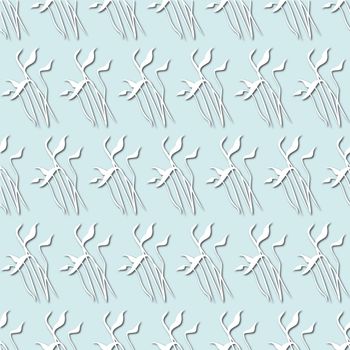 White plant, flowers silhouette on pale blue background, seamless pattern. Paper cut style with drop shadows and highlights.