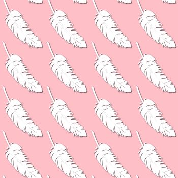 White bird's feather silhouette on pale pink background, seamless pattern. Paper cut style with drop shadows and highlights.
