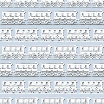 White retro train, locomotive silhouette on pale blue background, seamless pattern. Paper cut style with drop shadows and highlights.