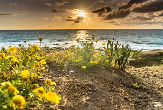 Romantic sunset on sea coast of mediterranean vacation