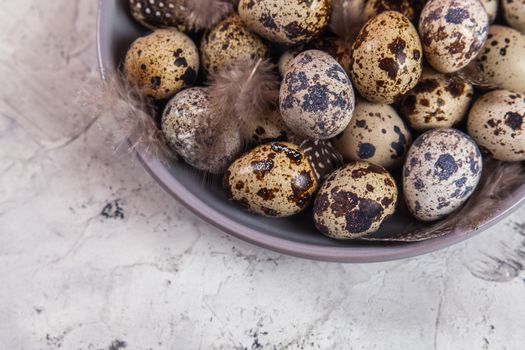 pile of Easter quail eggs on gray fabric cotton rag on concrete background, Round ceramic plate. Space for text