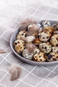 pile of Easter quail eggs on gray fabric cotton rag on concrete background, Round ceramic plate. Space for text