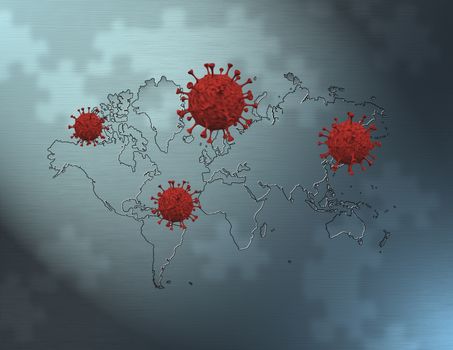 Covid molecules and world map. Puzzle background. 3D rendering
