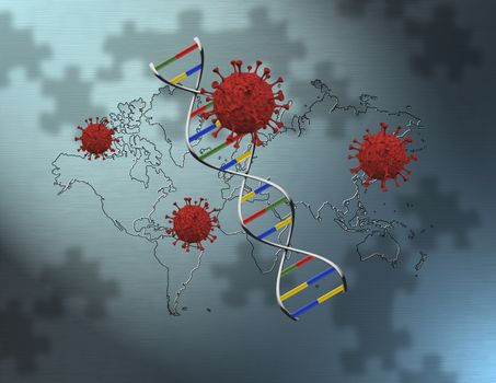 Covid molecules, world map and DNA strand. 3D rendering