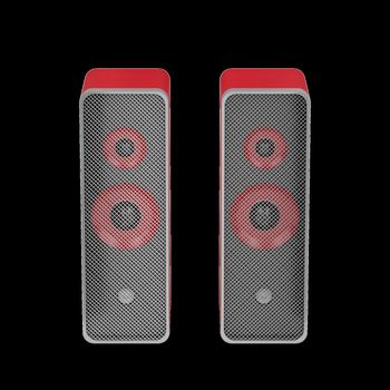 Pair of stereo computer speakers on white background, front view