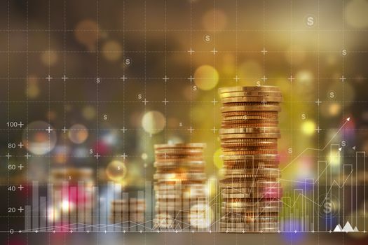 Finance and business concept: Double exposure with business charts of graph and arrange rows of increasing coins. depicts an increase of financial business growth or sales performance increase