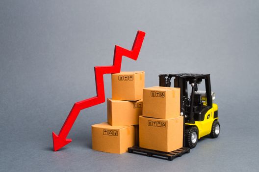Yellow Forklift truck with cardboard boxes and a red arrow down. Concept drop in industrial production and business. economic downturn, recession. Falling consumer demand, declining exports or imports