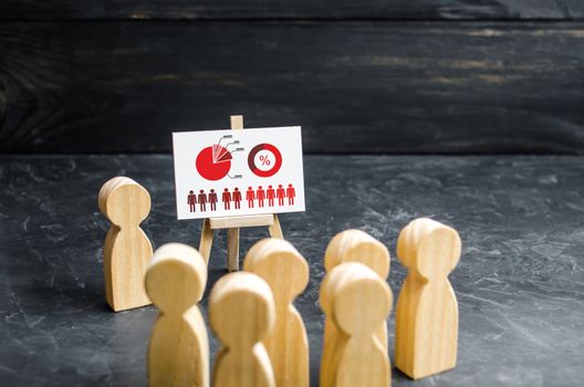 People gathered for a meeting and look at the speech of the leader. Business analytics and planning. Market research and marketing, consumer preferences and behavior research. Selective focus