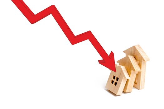 The red arrow triggers one another at home, a chain reaction of the fall. Colaps dominoes. Reclamation of the real estate market. falling prices and real estate demand, crisis and recession