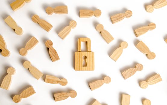 People and padlock on a white background. Safety and alarm system. Security service. Security and safety, collateral, loan for a mortgage. Confiscation of property for debts. Protection of society