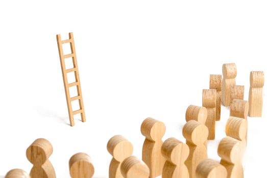 Group of people looking at the ladder. career ladder. Promotion at work, business, self-development, leadership skills, social elevator, social rating system. minimalism, anomaly. Alternative option,
