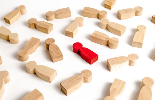 Red human figure among many other people. Employee search concept, recruitment and personnel management. Zero infected. A talented worker, the best in his craft. Dissent, Outcast. Statistics