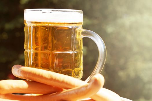 glass mug with beer and sausages on a background of nature on a sunny day