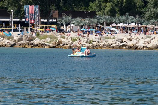 Varna, Bulgaria - July, 19, 2020: riding a catamaran on the seaside of bulgaria