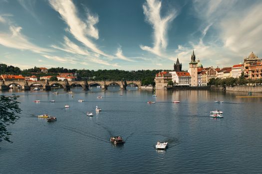 View of Charles Bridge and the river in Prague in summer day