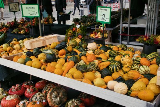 Various pumpkins at an authentic street market in Germany, autumn