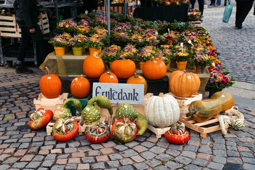 Different pumpkins at an authentic street market in Germany, autumn