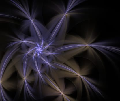 An abstract computer generated modern fractal design on dark background. Abstract fractal color texture. Digital art. Abstract Form & Colors. Vortex star with rays of light