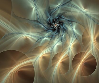 An abstract computer generated modern fractal design on dark background. Abstract fractal color texture. Digital art. Abstract Form & Colors. Fluffy spiral of stars with glowing rays