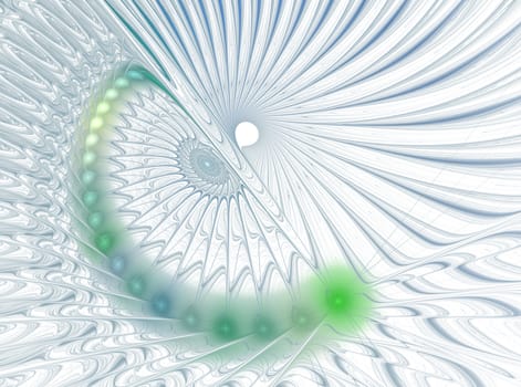 An abstract computer generated modern fractal design on dark background. Abstract fractal color texture. Digital art. Abstract Form & Colors. Green shiny spiral pattern around white hole