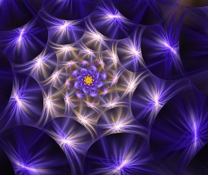 An abstract computer generated modern fractal design on dark background. Abstract fractal color texture. Digital art. Abstract Form & Colors. Blossoming of star flower