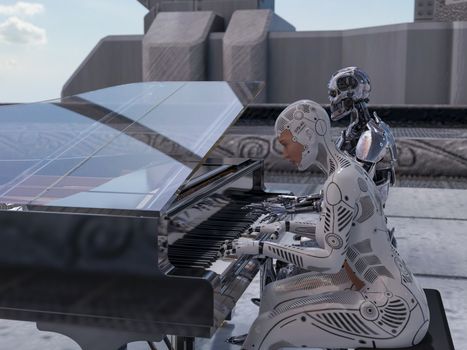 Close up of a robot and a woman playing piano - 3d rendering