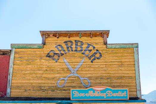 Barber building at western town film scenery in the desert of Tabernas