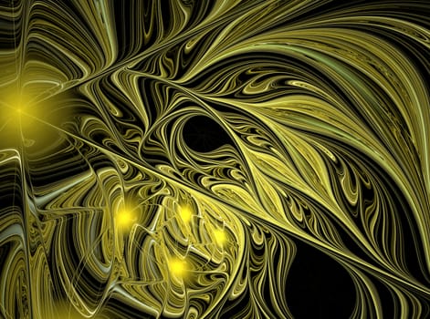 An abstract computer generated modern fractal design on dark background. Abstract fractal color texture. Digital art. Abstract Form & Colors. Yellow floral ornament. Convex textured background with soft shade with oil color techniques.