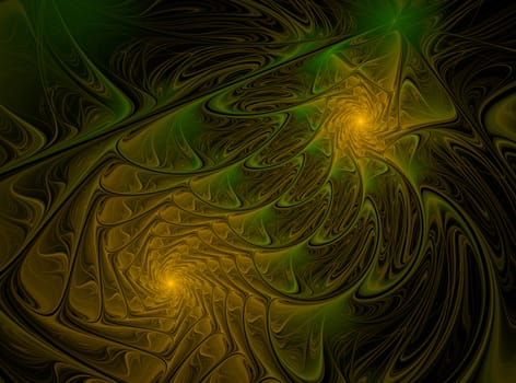 An abstract computer generated modern fractal design on dark background. Abstract fractal color texture. Digital art. Abstract Form & Colors. Green and yellow vortex