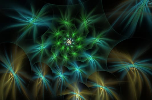 An abstract computer generated modern fractal design on dark background. Abstract fractal color texture. Digital art. Abstract Form & Colors. Fluffy spiral of stars with glowing rays
