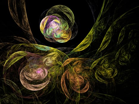 An abstract computer generated modern fractal design on dark background. Abstract fractal color texture. Digital art. Abstract Form & Colors. Greenery dark background