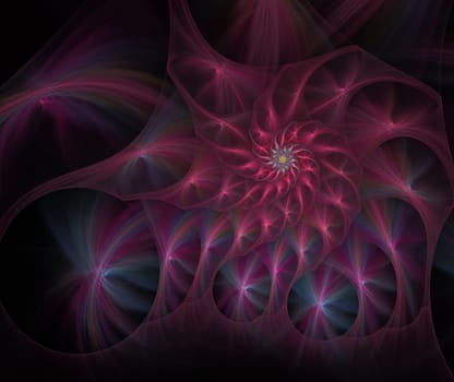 An abstract computer generated modern fractal design on dark background. Abstract fractal color texture. Digital art. Abstract Form & Colors. Fluffy spiral of stars with glowing rays