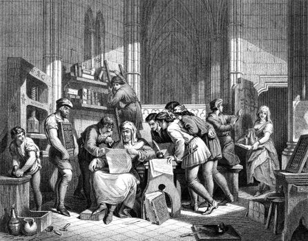 An engraved vintage illustration image of  William Caxton reading the first proof sheet from his printing press, from a Victorian book dated 1886 that is no longer in copyright stock image