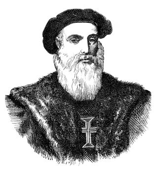 An engraved illustration portrait of the Portuguese explorer Vasco De Gama of Portugal from a Victorian book dated 1877 that is no longer in copyright stock image