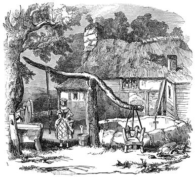 An engraved illustration of  a cucking chair also known as a ducking chair at a village well from a Victorian book dated 1883 that is no longer in copyright stock image