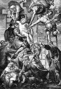 An engraved New Testament Bible Easter illustration image of  The Crucifixion of Jesus Christ  from a Victorian Bible dated 1883 that is no longer in copyright stock image