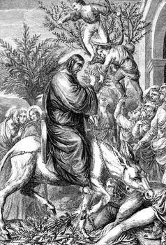 An engraved vintage New Testament Bible illustration image of Jesus Christ entry into Jerusalem, from a Bible dated 1883 that is no longer in copyright stock image