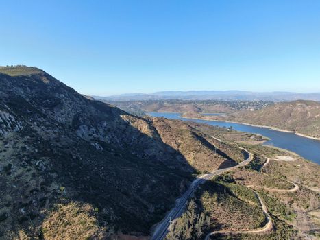 Aerial view of Inland Lake Hodges and Bernardo Mountain, great hiking trail and water activity in Rancho Bernardo East San Diego County, California, USA 