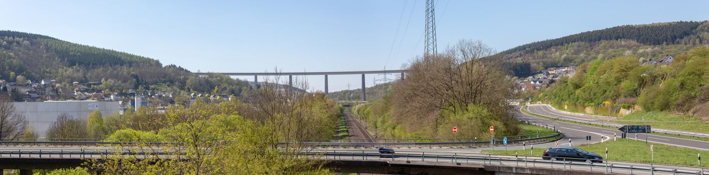 Panorama of the elevated road over a railway line