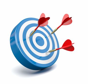 Three Red Darts Hitting a Blue Target on White Background 3D Illustration, Failure Concept