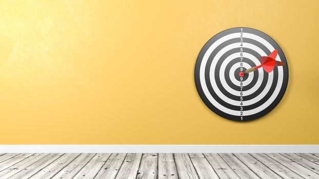 One Red Dart Hitting the Center of a Dartboard in a Wooden Floor and Yellow Wall Room with Copy Space 3D Illustration