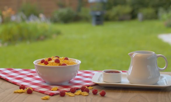 Close up bowl of corn flakes with raspberry and jug of milk on the table in the garden. Breakfast on blurry natural background. Healthy lifestyle concept.