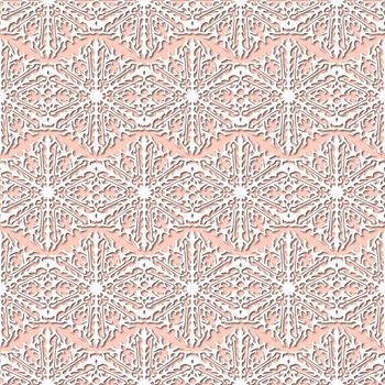 White snowflakes on pale pink, beige background, damask ornament seamless pattern. Paper cut style with drop shadows and highlights.